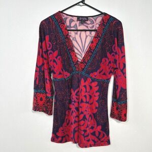 Hale Bob Red Purple Abstract Print V Neck Top Women's M Boho Retro 70s Glam